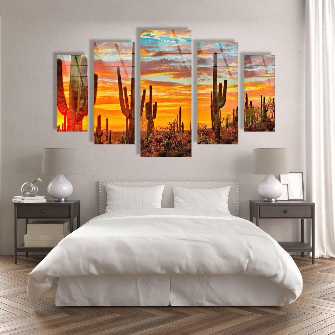 Sunset at Sonoran Desert, Cactus Glass Wall Art, glass photo prints, glass picture prints