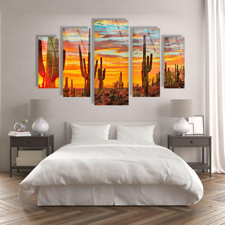 Sunset at Sonoran Desert, Cactus Glass Wall Art, glass photo prints, glass picture prints
