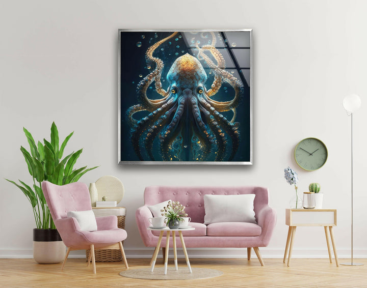 Underwater Blue Octopus Glass Wall Art glass pictures for Wall, glass prints wall art