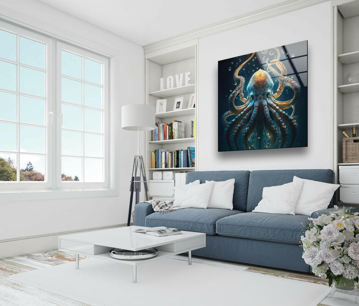 Underwater Blue Octopus Glass Wall Art custom glass pictures, glass art prints