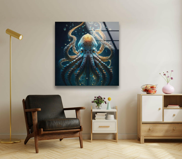 Underwater Blue Octopus Glass Wall Art glass art painting, glass art for the Wall