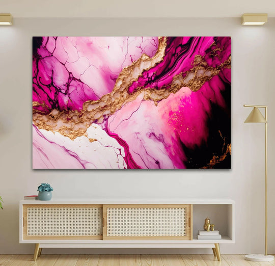 Horizontal violet pink alcohol ink abstract glass wall art featuring swirling shapes and golden accents.