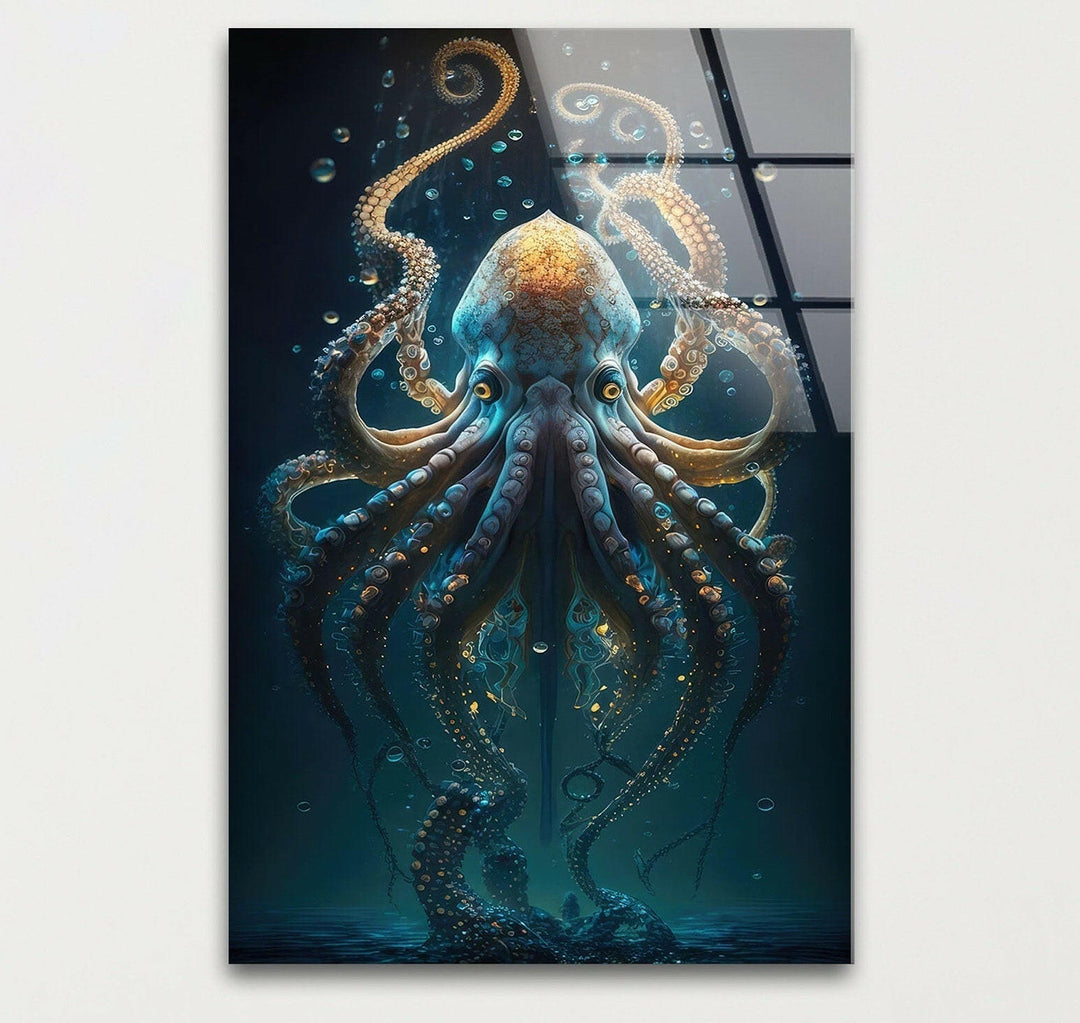 Underwater Blue Octopus Glass Wall Art stained glass wall art, stained glass wall decor