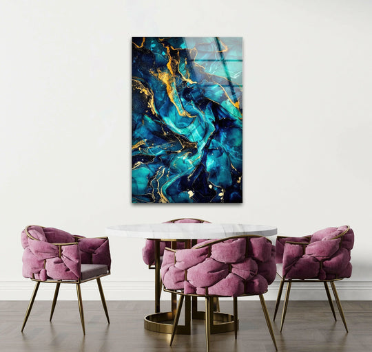 Abstract fluid art glass printing features a dynamic visual rhythm of swirling sapphire and emerald tones accented with gold veins.