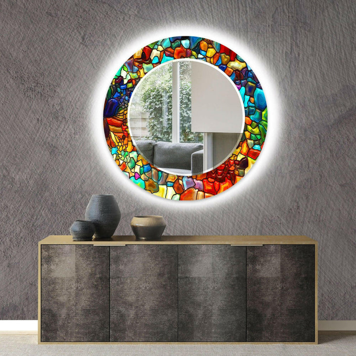 Stained Colored Stones Round Wall Mirror backlit mirror
