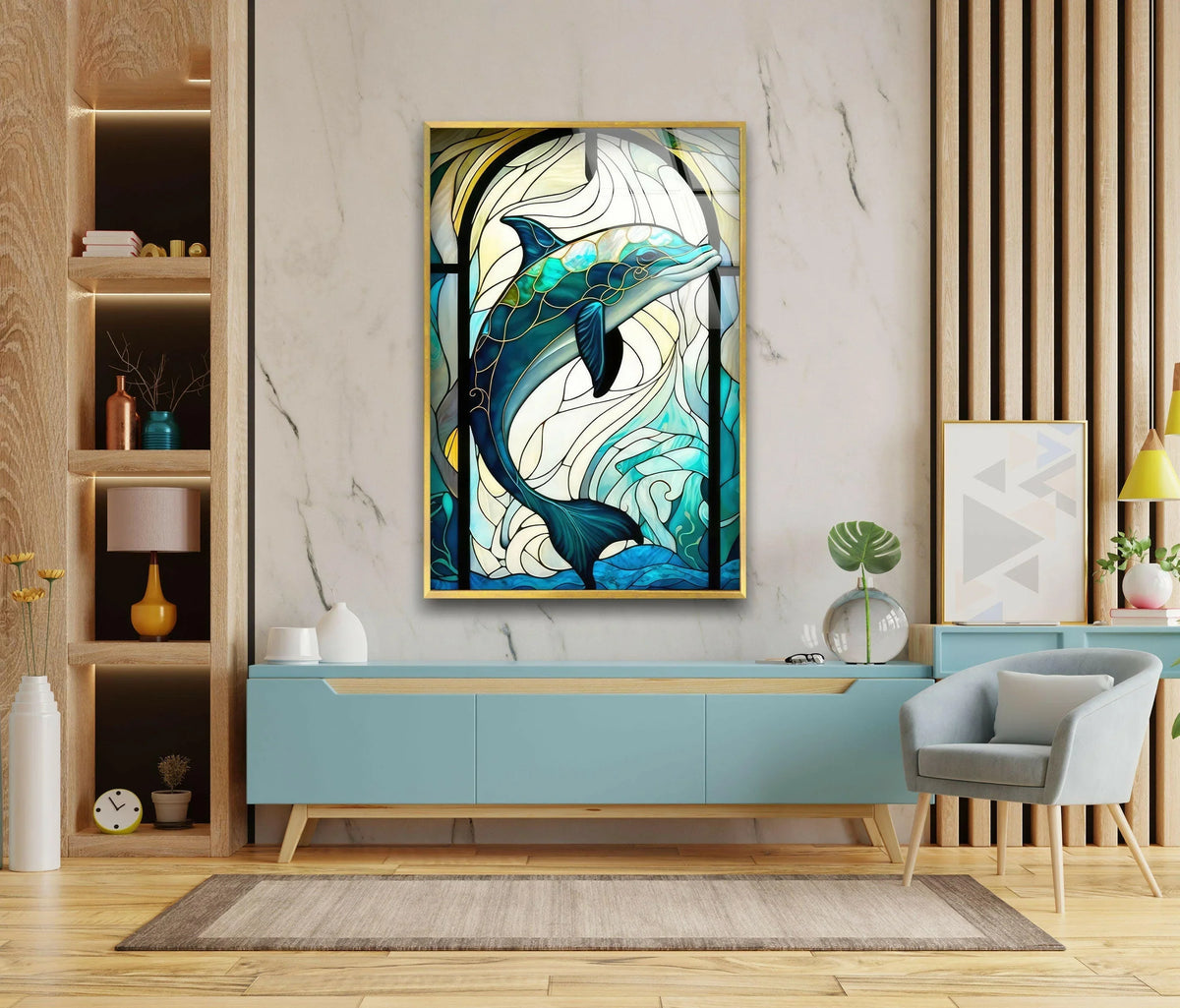 A dolphin leaps serenely in this vibrant stained glass art, capturing a moment of tranquil stillness in best glass art.