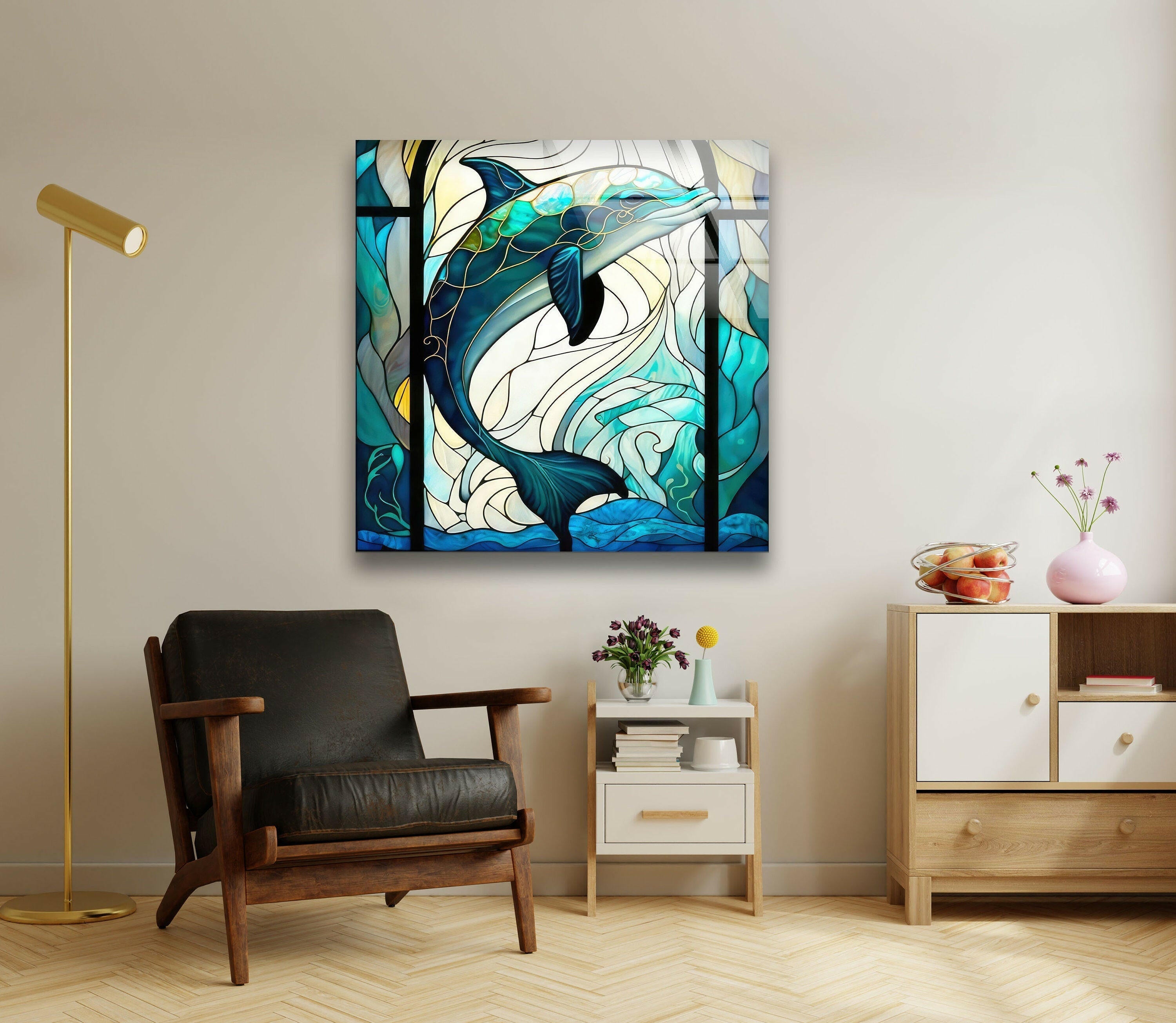 Dolphin Stained Tempered Glass Wall Art