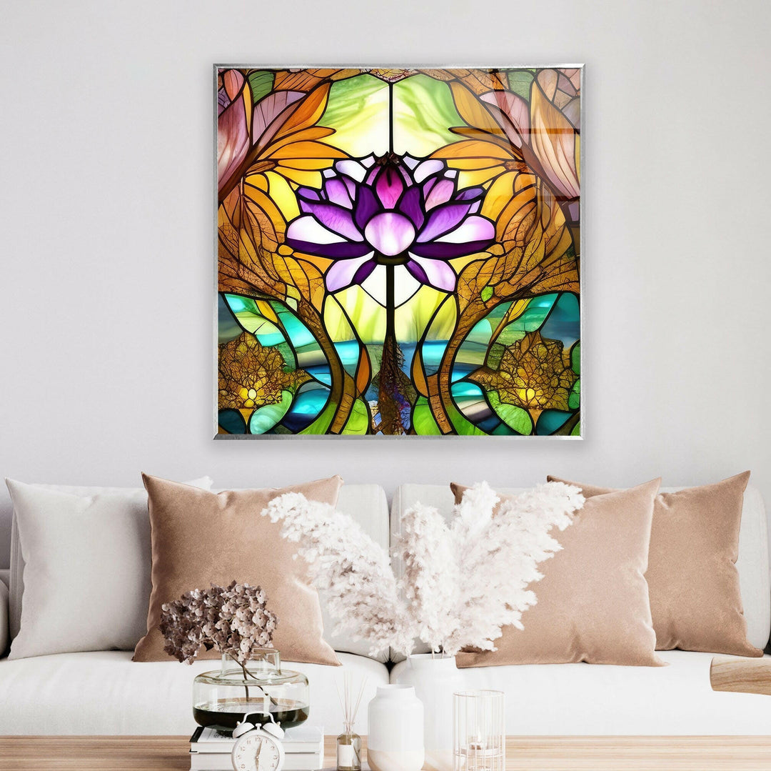 Stained Glass Lotus Flower Glass Wall Art, custom glass pictures, glass art prints