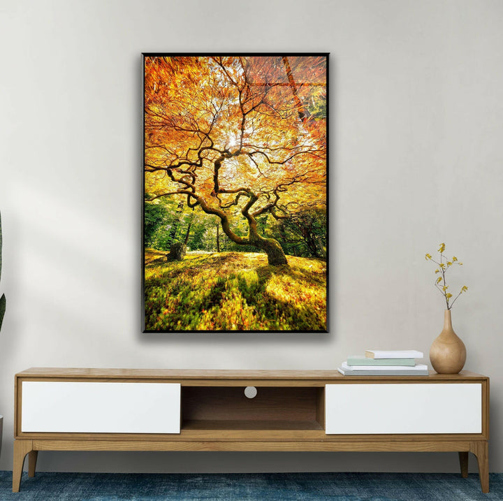Stunning glass wall art showcasing a bright autumn forest with a beautifully curved tree.
