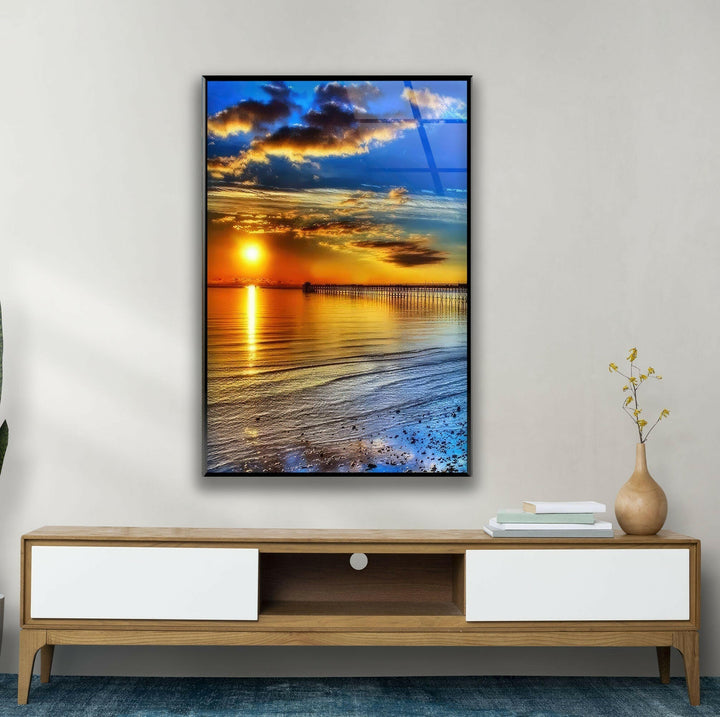 Tranquil Waters at Sunset – A Scenic Beachside Glass Wall Art
