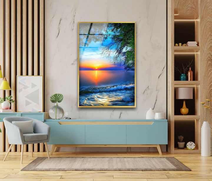 Nature-inspired glass wall art showcasing a peaceful ocean sunset and reflective waves.
