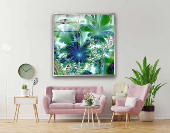 Intense color saturation highlights the lively green and blue hues of the fractal floral hanging wall art, creating a vibrant, abstract flower design.