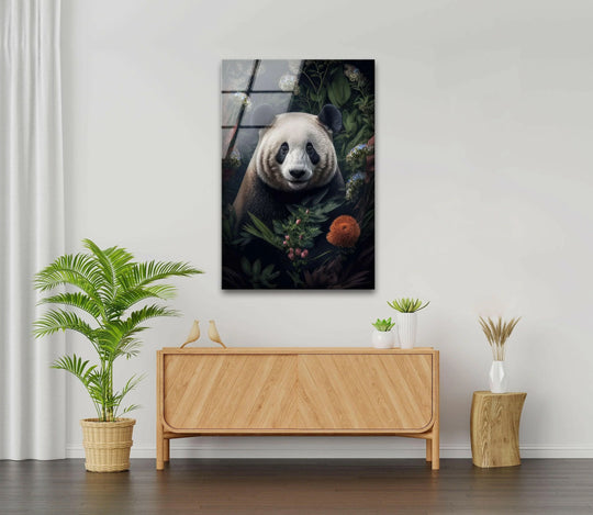 Vertical glass art painting featuring a detailed panda face emerging from a lush jungle setting.