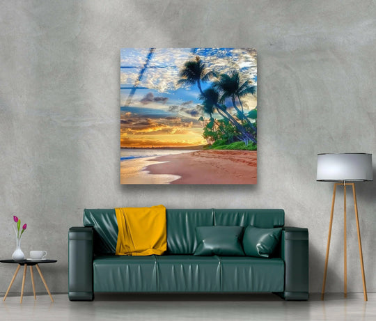 Landscape glass wall art tropic beach sunset and coastal wall decor with beach theme sunset