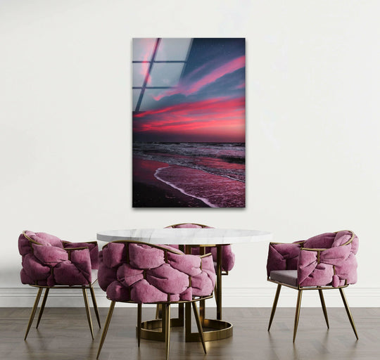 Landscape glass wall art crimson twilight shore ocean waves and sunset scene plus dramatic vivid sky hues offers breathtaking landscape decor on a white wall