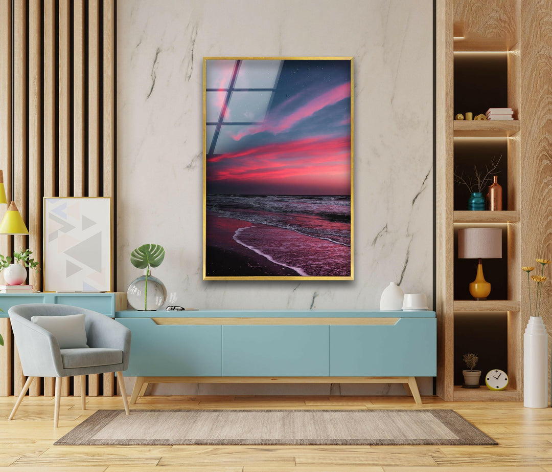 Elegant glass wall art showcasing a dreamy twilight sky over a peaceful beach.
