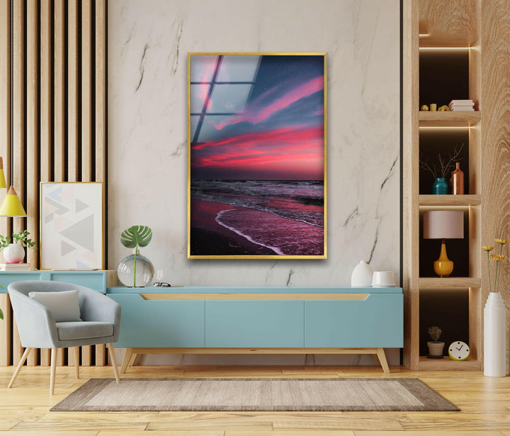 Elegant glass wall art showcasing a dreamy twilight sky over a peaceful beach.
