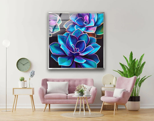 Deepest navy shadows highlight the striking purple and blue hues of this oil painting home decor succulent artwork.