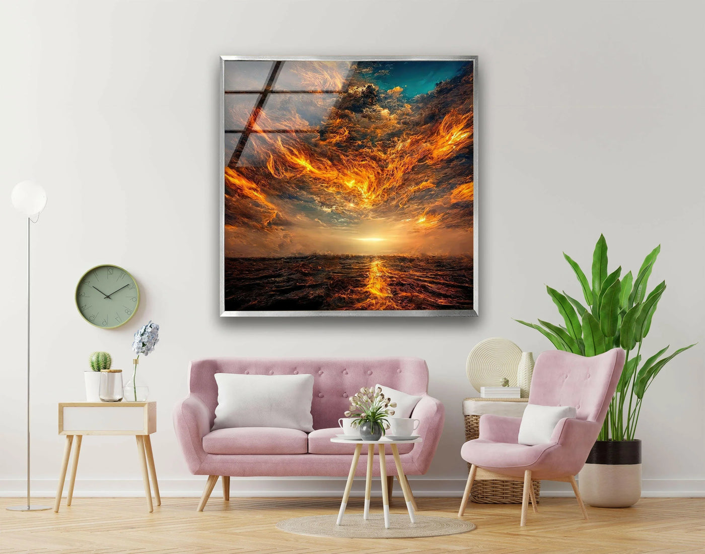 Showcasing its sleek silver edge, this Burning Sky Landscape glass wall art reveals a stunning border for a contemporary and fiery presentation of glass art.