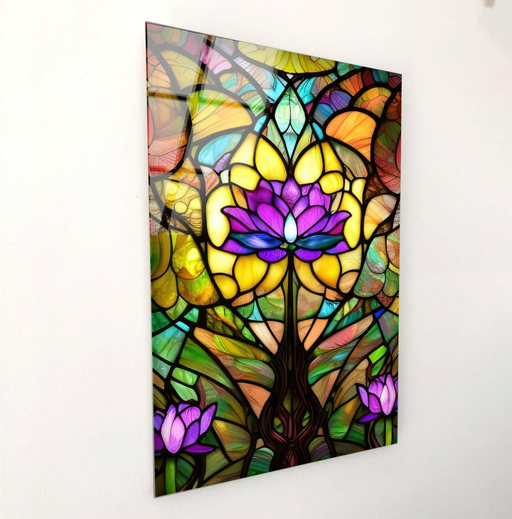 Stained Glowing Purple Lotus Glass Wall Art, glass photo prints, glass picture prints