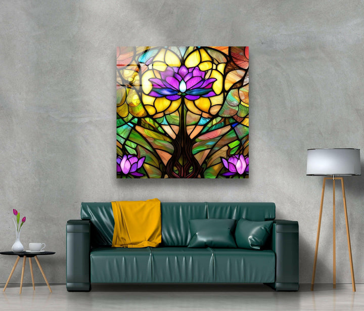 Stained Glowing Purple Lotus Glass Wall Art, art glass wall art, glass wall art pictures
