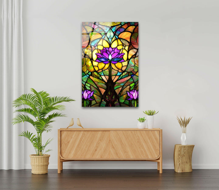Stained Glowing Purple Lotus Glass Wall Art, photo print on glass, prints on glass wall art
