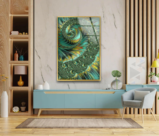 Modern glass wall art with negative space, showcasing a swirling jade and yellow fractal spiral design.