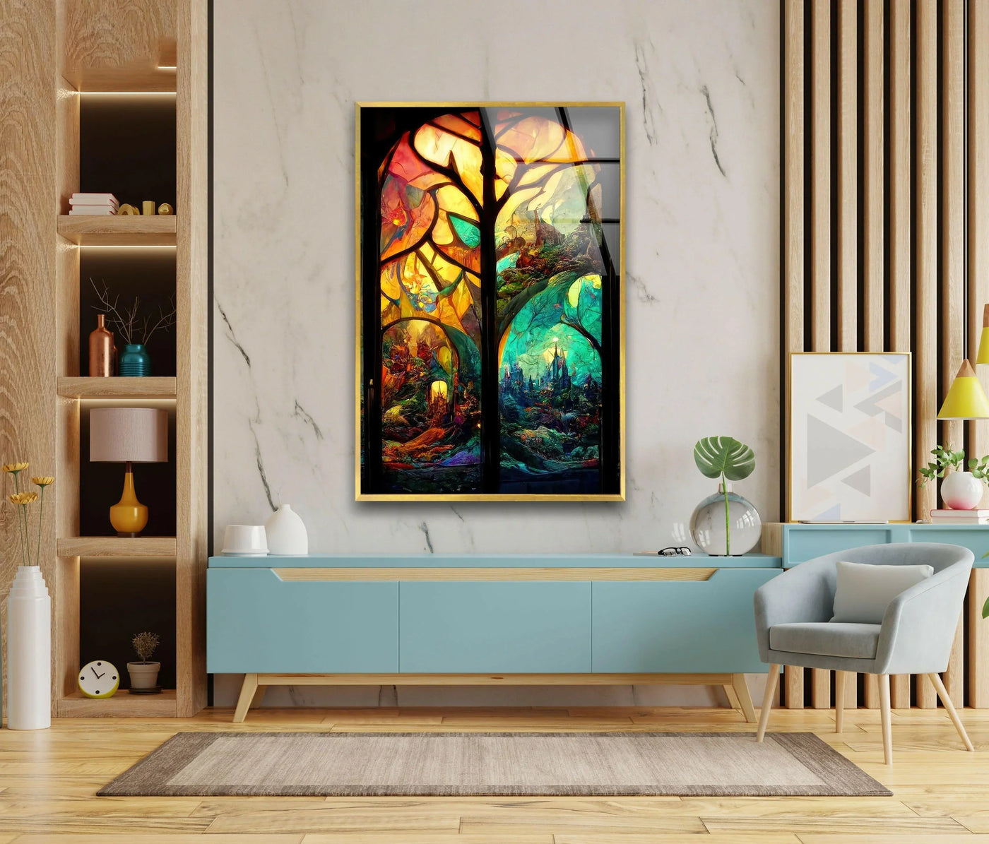 Foreground displays a captivating Forest & Castles stained glass art, featuring intricate details of fantastical scenes within its vibrant glass art design.