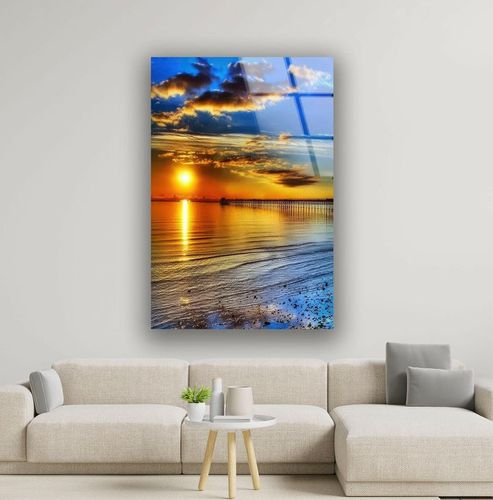 Sunset Reflections on the Water – A Tranquil Beach Scene on Glass
