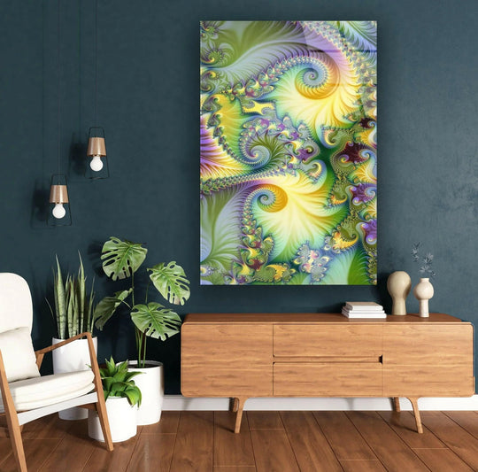 Vibrant green fractal art on hanging wall art swirls with yellow and purple accents, creating a captivating abstract design.