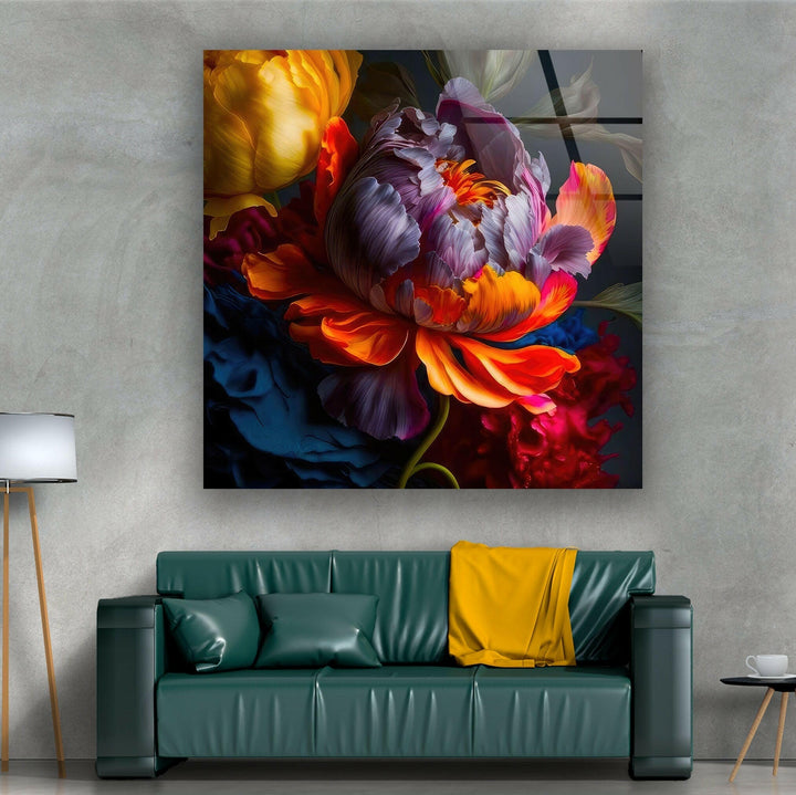 Watercolour Colorful Peony Flower Glass Wall Art, glass pictures for Wall, glass prints wall art
