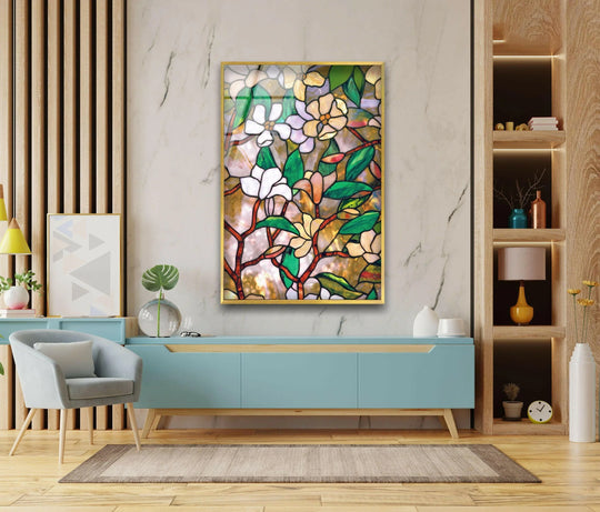 Flower wall art stained glass style with leaves and gold frame plus flower art prints and vintage home decor