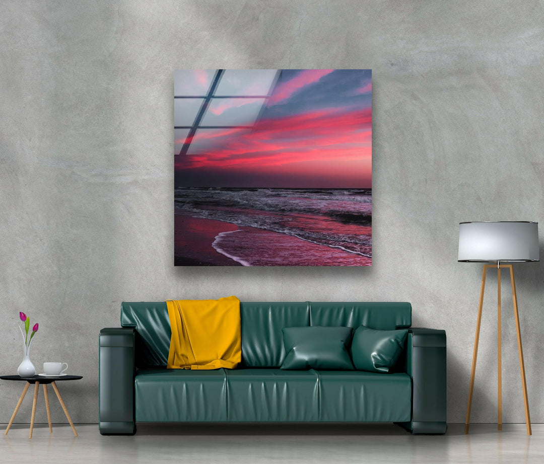 High-definition seascape featuring a striking sky and rolling waves on tempered glass.
