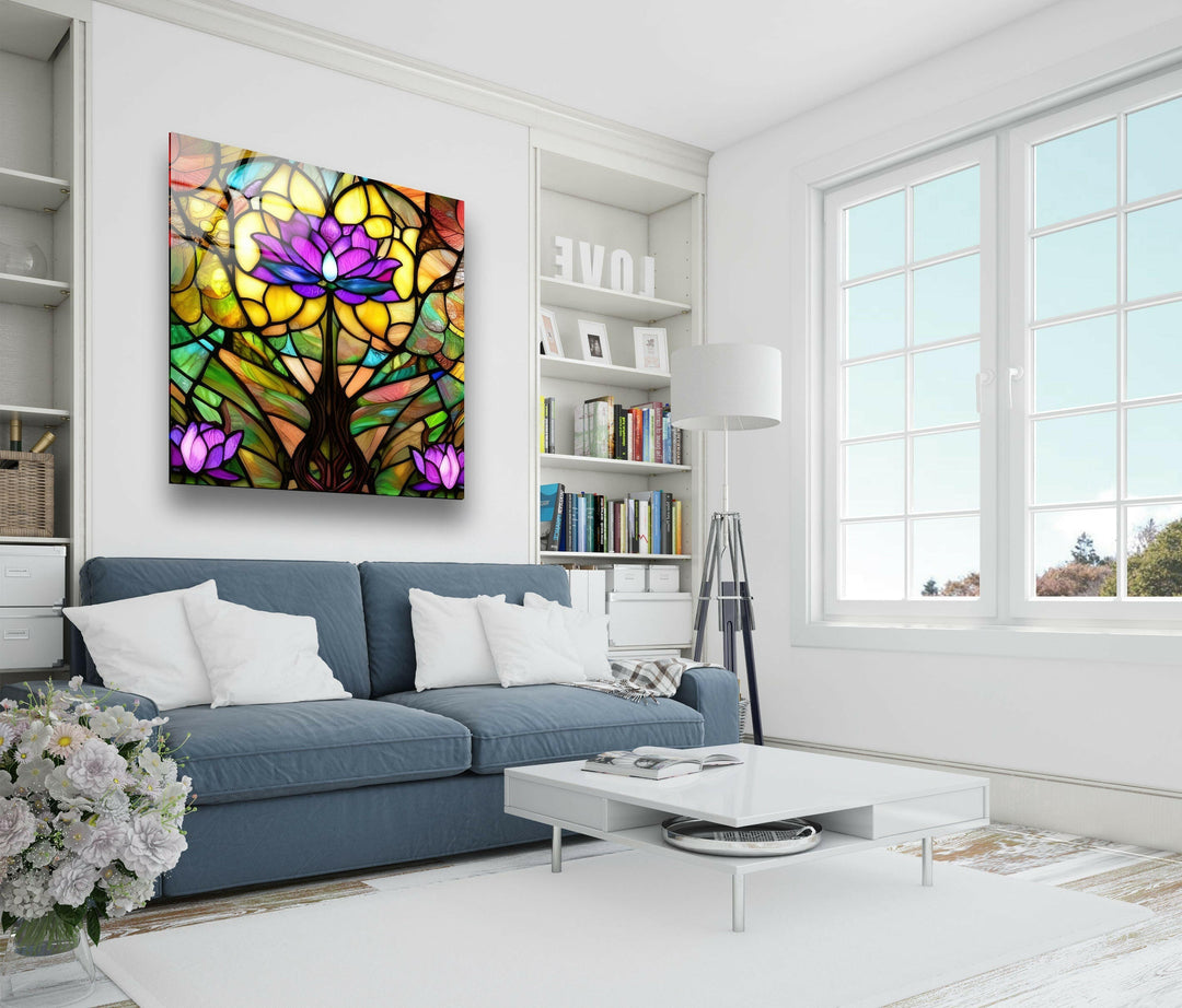 Stained Glowing Purple Lotus Glass Wall Art, large glass photo prints, glass wall photos