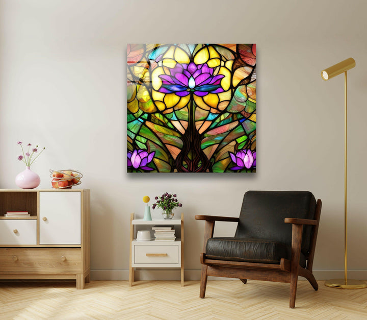 Stained Glowing Purple Lotus Glass Wall Art, custom glass pictures, glass art prints
