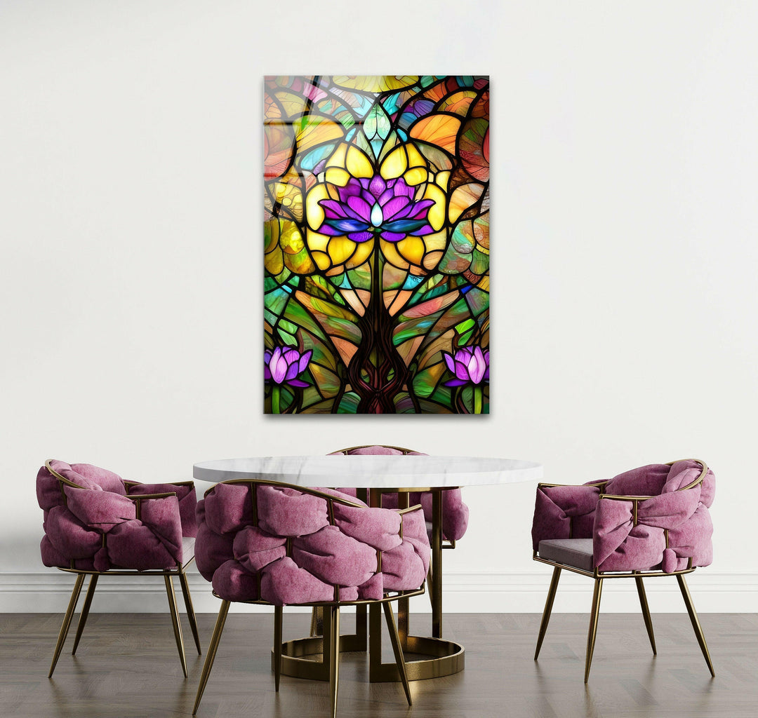 Stained Glowing Purple Lotus Glass Wall Art, glass pictures for Wall, glass prints wall art