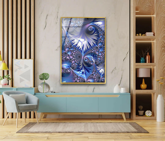A vertical orientation of abstract purple fractal swirl glass wall artwork with intricate spiral shapes.