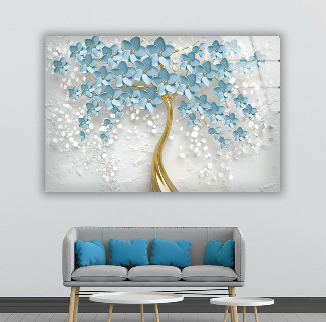 Blue and Gold Tree Tempered Glass Wall Art