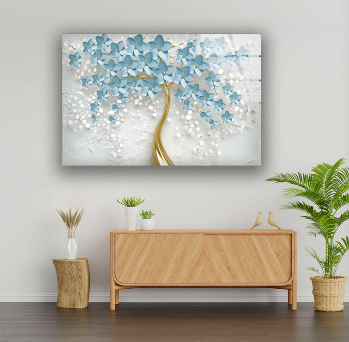 Blue and Gold Tree Tempered Glass Wall Art - MyPhotoStation