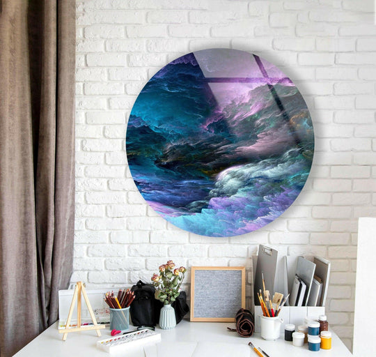 Illuminating the wall, the interplay of light and shadow defines the ethereal depth within this round purple and blue storm print wall art.