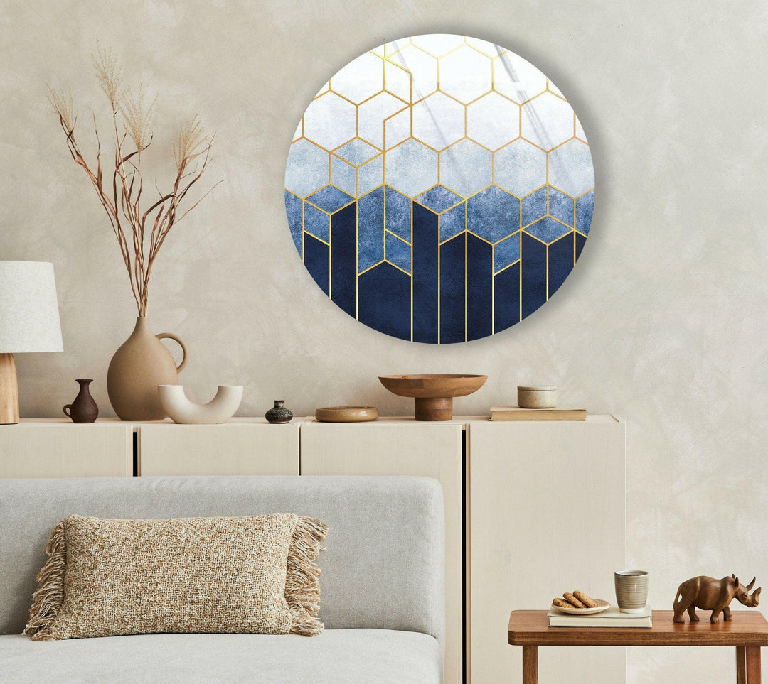 Gold Hexagons Patterned Round Glass Wall Art glass art painting, glass art for the Wall
