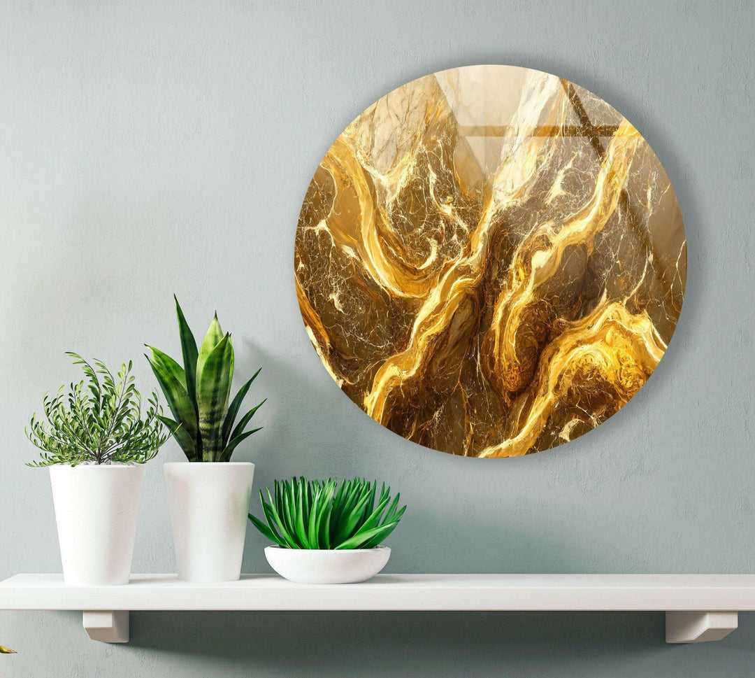 Gold Marble Abstract Round Glass Wall Art glass pictures for Wall, glass prints wall art