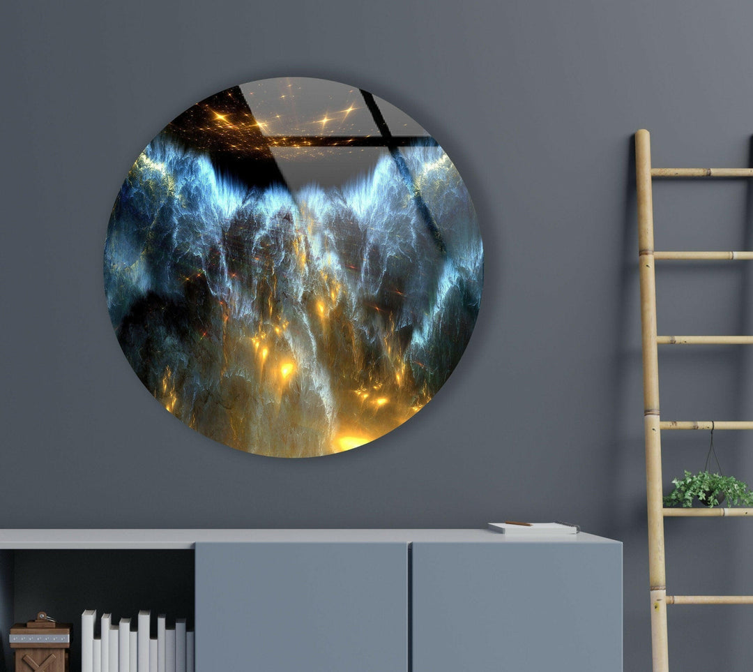 Blue & Gold Abstract Round Glass Wall Art glass pictures for Wall, glass prints wall art
