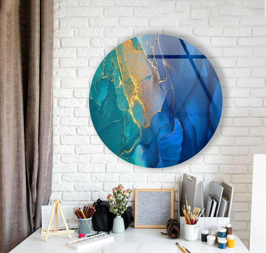 Dominant blues and teals blend in this modern abstract round glass wall art, creating stunning wall prints that evoke a serene marble effect.