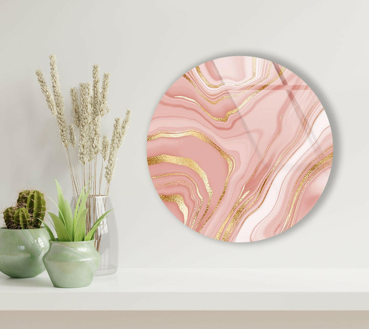 Pink Abstract with Gold Details Round Glass Wall Art art glass wall art, glass wall art pictures
