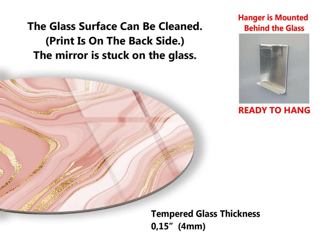 Abstraktes Wandbild aus Glas in Rosa mit goldenen Details, rund
