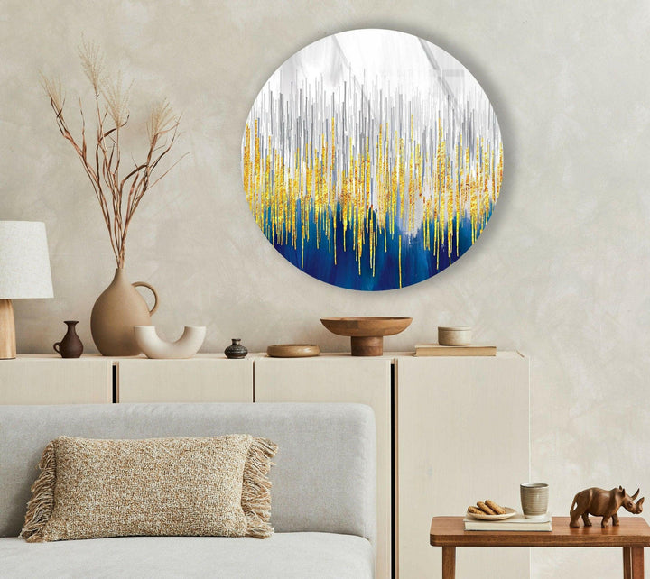 Gold Details with Blue Abstract Round Glass Wall Art glass pictures for Wall, glass prints wall art