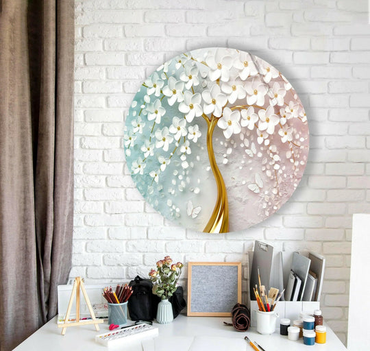 Alternating between cool blues and warm pinks, the visual rhythm of the Tree with Golden Trunk wall art prints creates a captivating, round floral pattern.