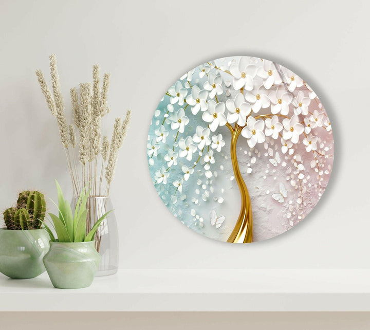 Tree with Golden Trunk Round Glass Wall Art art glass wall art, glass wall art pictures