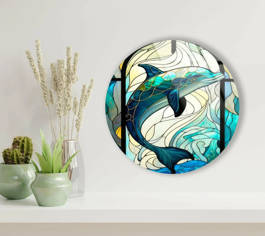 Highlighted by its sleek edges, this stained dolphin round wall art shows the fine glass printing along its dark border and circular shape.